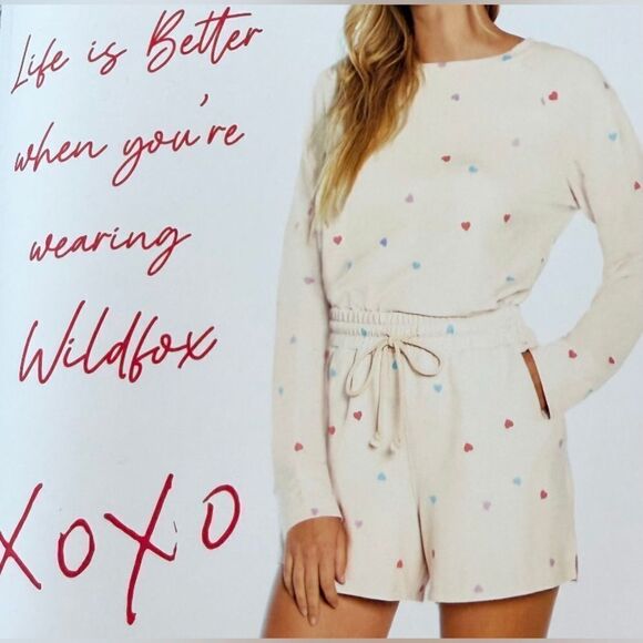 NWT Wildfox 2pc Oatmeal Hearts Matching Long Sleeve Top and Shorts Lounge Set - Picture 1 of 7